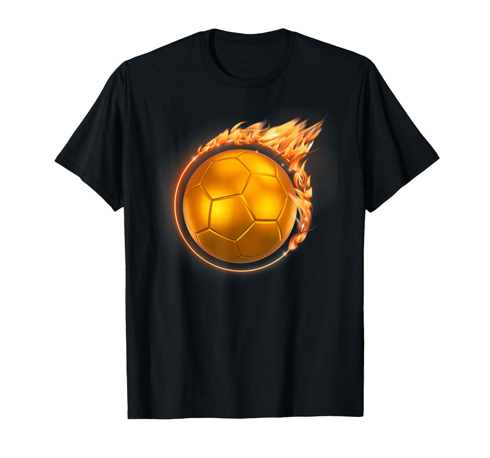 Flaming Gold Soccer Ball Fireball T-Shirt - Fun Novelty Design Men Women