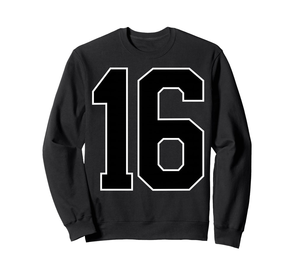 Black Sports Team Number 16 Fan Sweatshirt - Unique Graphic Unisex
