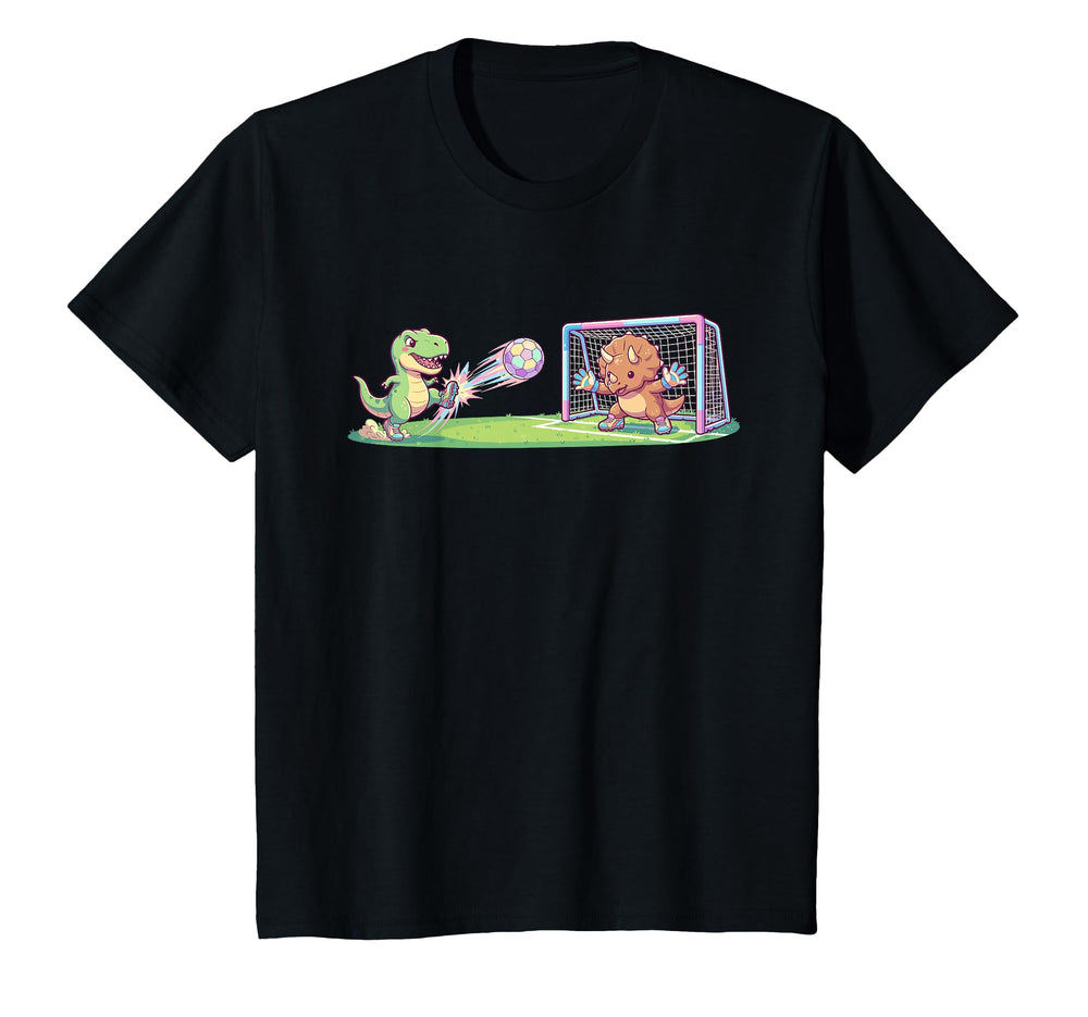 T Rex Kicks Ball Triceratops Goalie T-Shirt - Casual Everyday Wear Unisex