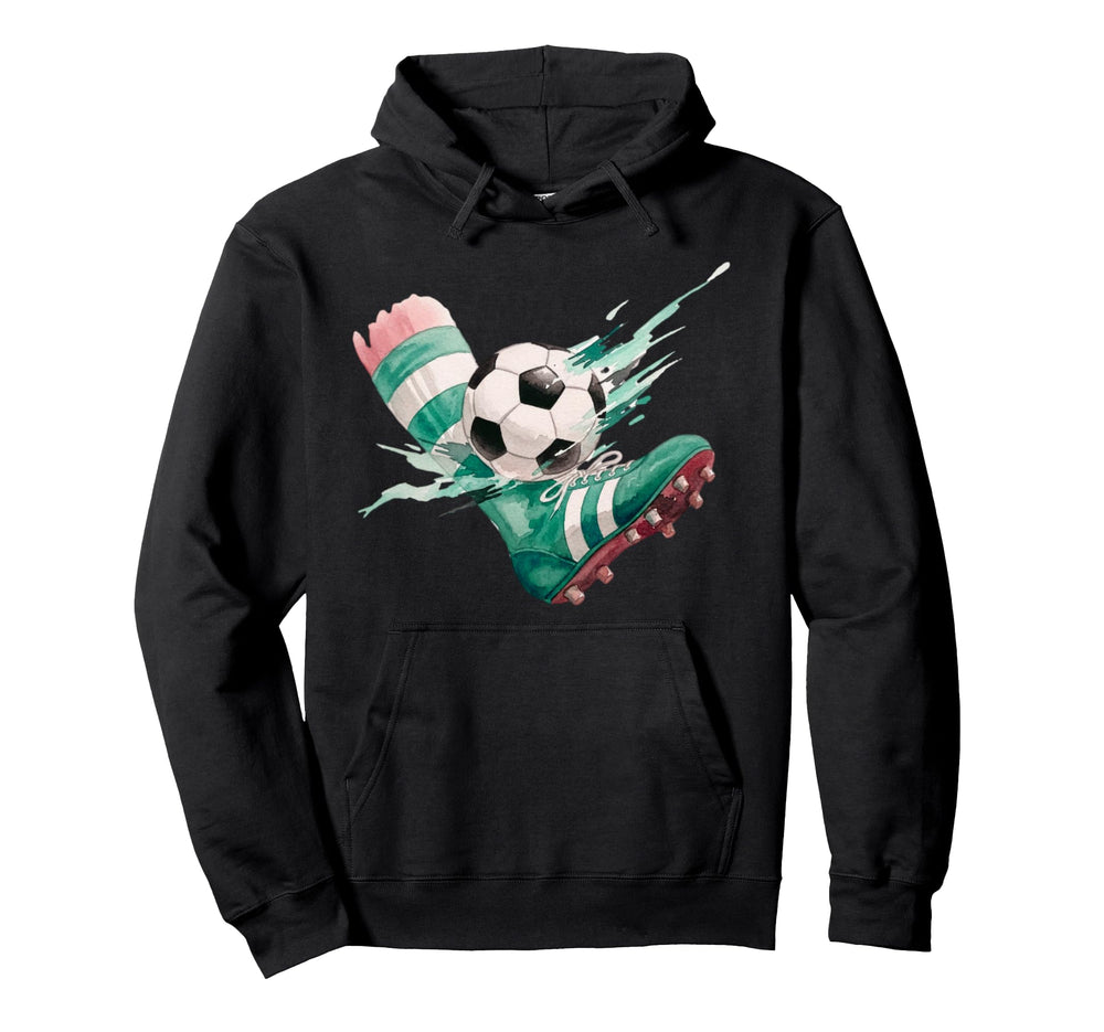 Watercolor Soccer Ball Action Kick Art Hoodie - Novelty Apparel for Adults