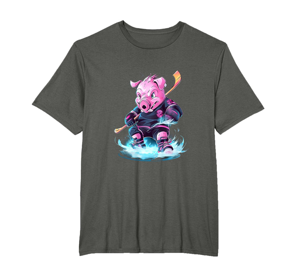 Pig Ice Hockey Player Hockey Stick T-Shirt - Custom Art Print Unisex
