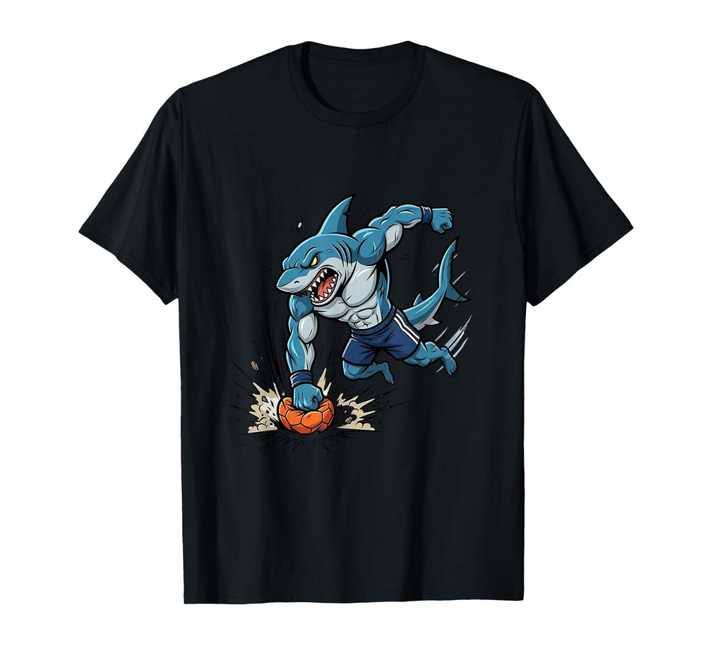 Shark Soccer Striker Cartoon Sports T-Shirt - Trendy Graphic Men Women