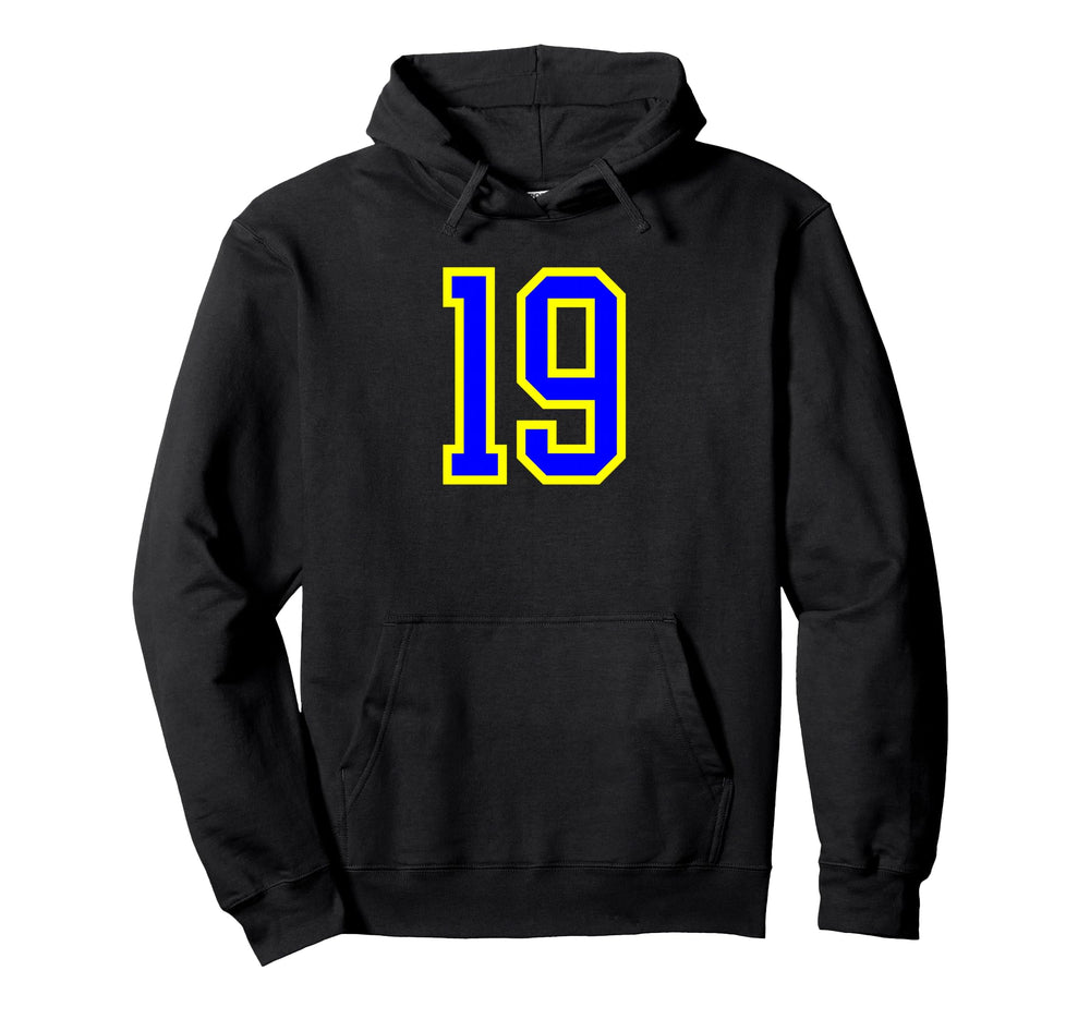 Blue Yellow Sport Team Number 19 Hoodie - Unique Graphic Men Women