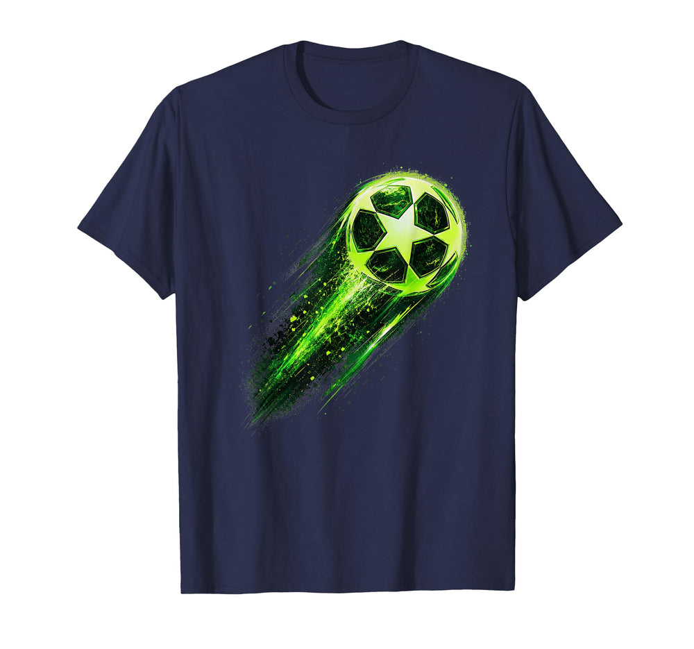 Dynamic Soccer Ball Green Meteor T-Shirt - Minimalist Print for Adults
