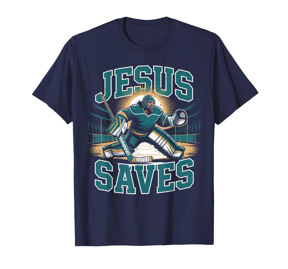 Christian Hockey Jesus Saves Goalie T-Shirt - Graphic Print Men Women