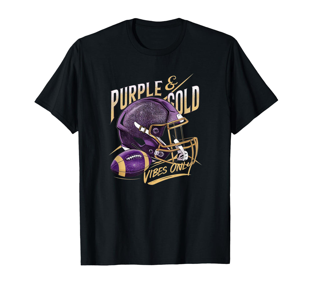 Purple Gold Vibes Only Football Player T-Shirt - Trendy Graphic Men Women