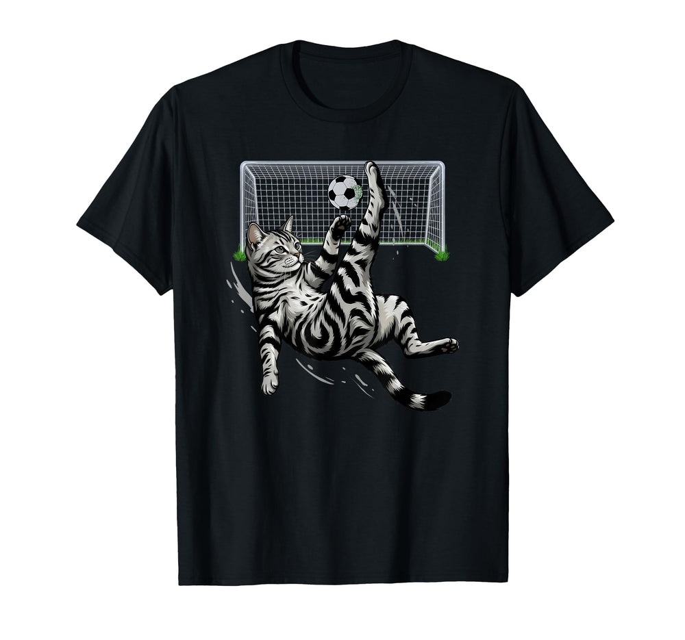 Funny Tabby Cat Soccer Bicycle Kick Goal T-Shirt - Graphic Print Men Women