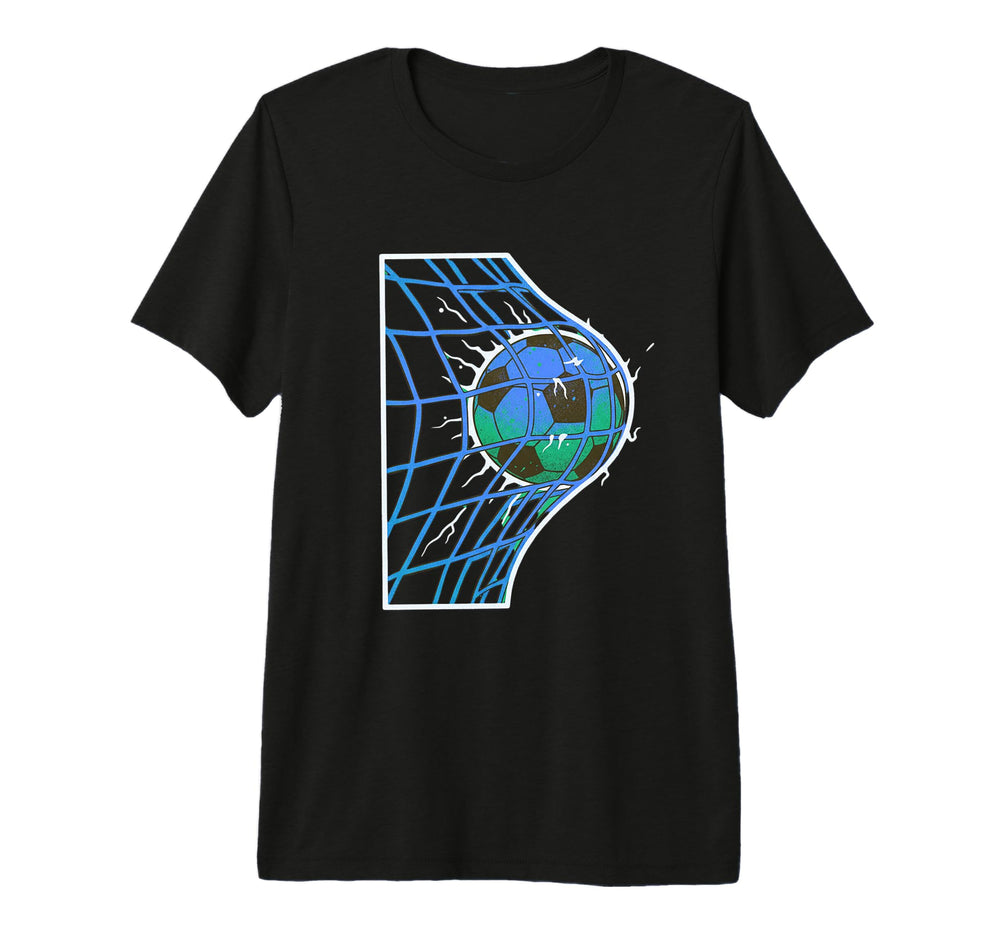 Soccer Ball Hitting Goal Net T-Shirt - Fun Novelty Design for Adults