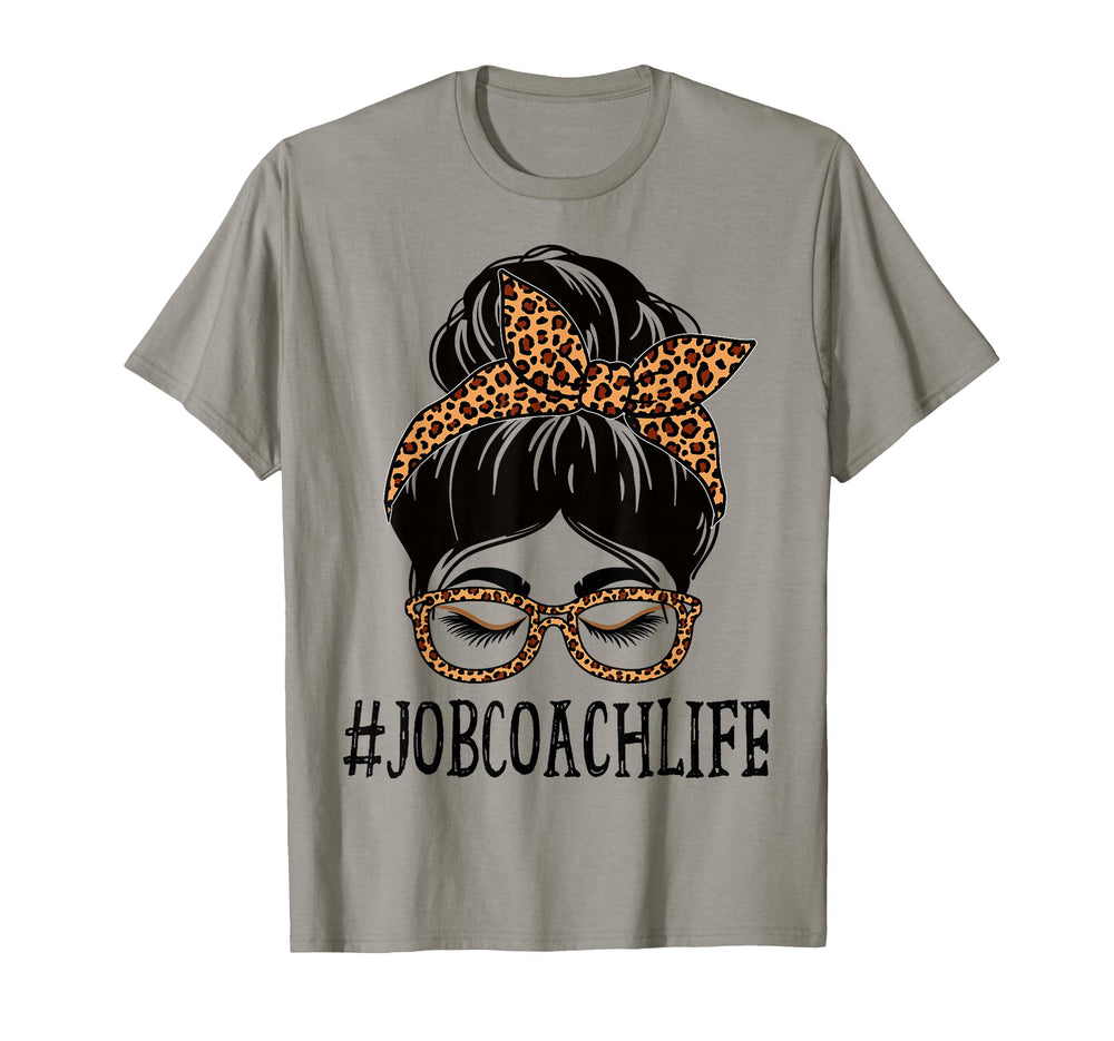 Job Coach Leopard Messy Bun Back T-Shirt - Fun Novelty Design for Adults