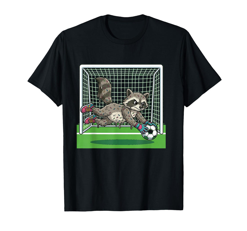 Funny Raccoon Soccer Goalie Donut T-Shirt - Novelty Apparel for Adults