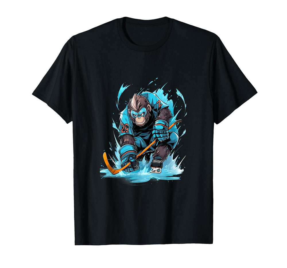 Monkey Ice Hockey Player Hockey Stick T-Shirt - Graphic Print Unisex