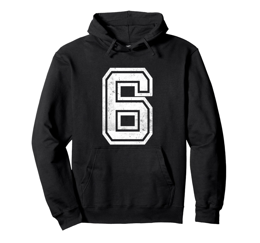White Distressed Sports Team Number 6 Hoodie - Minimalist Print for Adults