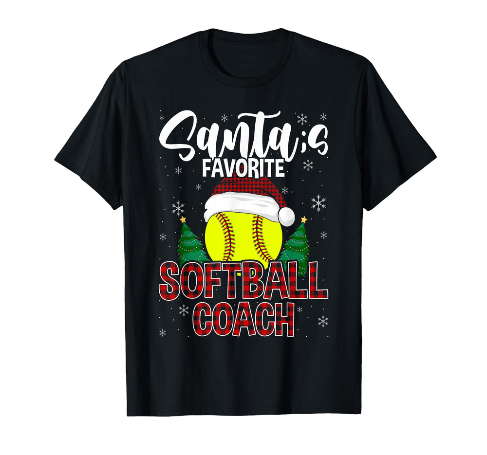 Funny Santas Favorite Softball Coach Plaid T-Shirt - Graphic Print Unisex