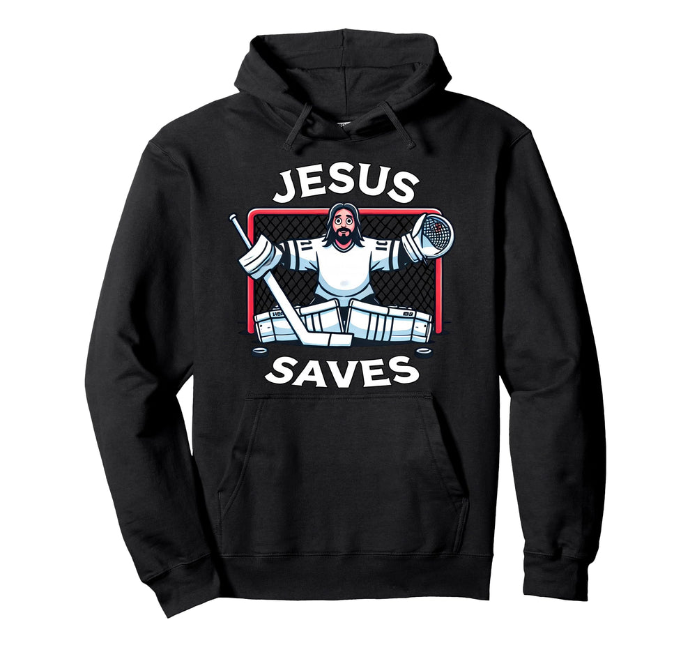 Funny Hockey Jesus Saves Goalie Sports Hoodie - Minimalist Print Unisex