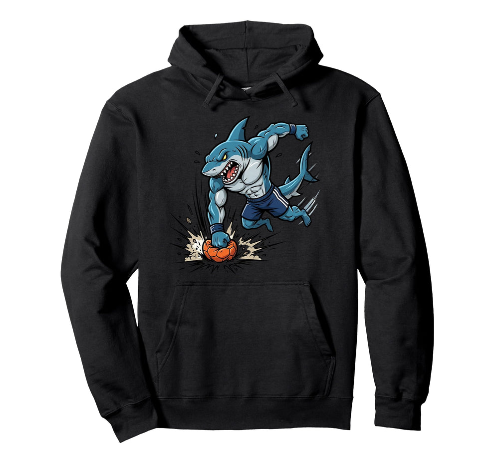 Shark Soccer Striker Cartoon Sports Hoodie - Minimalist Print for Adults