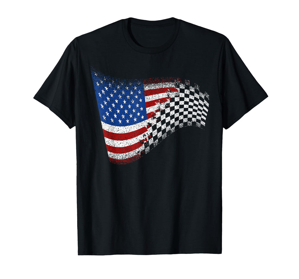 Checkered American Flag Racing T-Shirt - Fun Novelty Design for Adults
