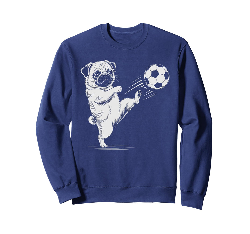 Kawaii Soccer Pug Ball Scoring Dog Sweatshirt - Unique Graphic for Adults