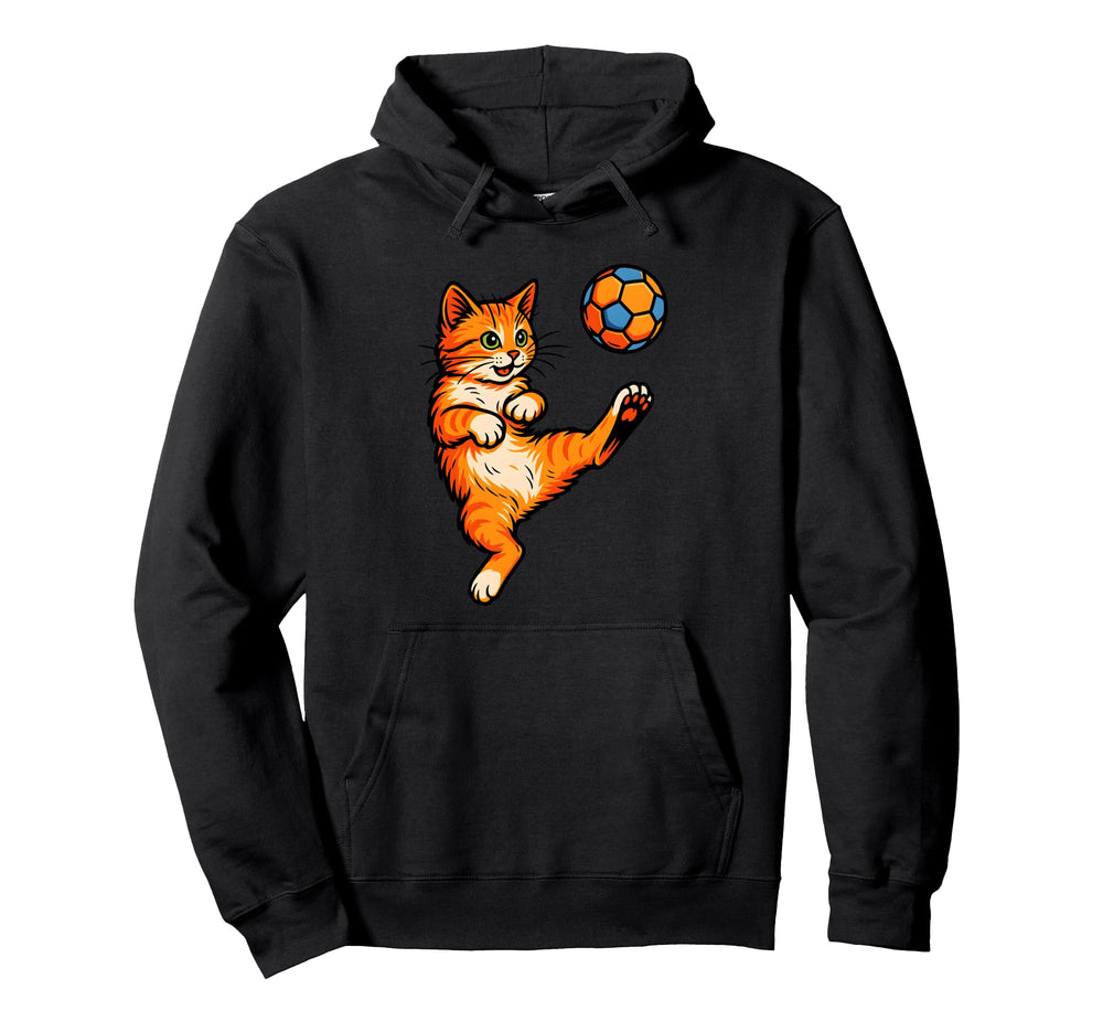 Funny Orange Cat Playing Soccer Cartoon Hoodie - Unique Graphic for Adults