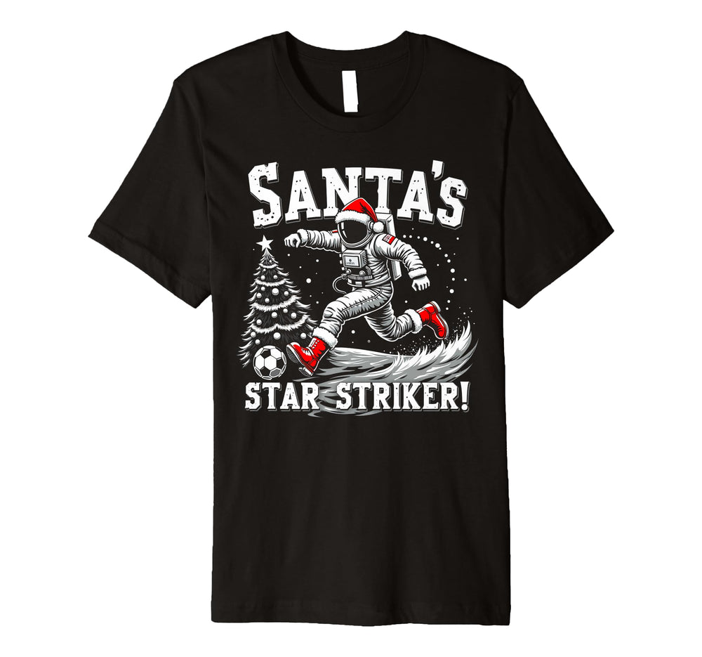 Santas Star Striker Funny Soccer T-Shirt - Novelty Apparel for Adults