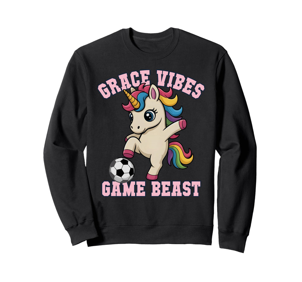 Grace Vibes Soccer Unicorn Just Who Sweatshirt - Trendy Graphic Unisex