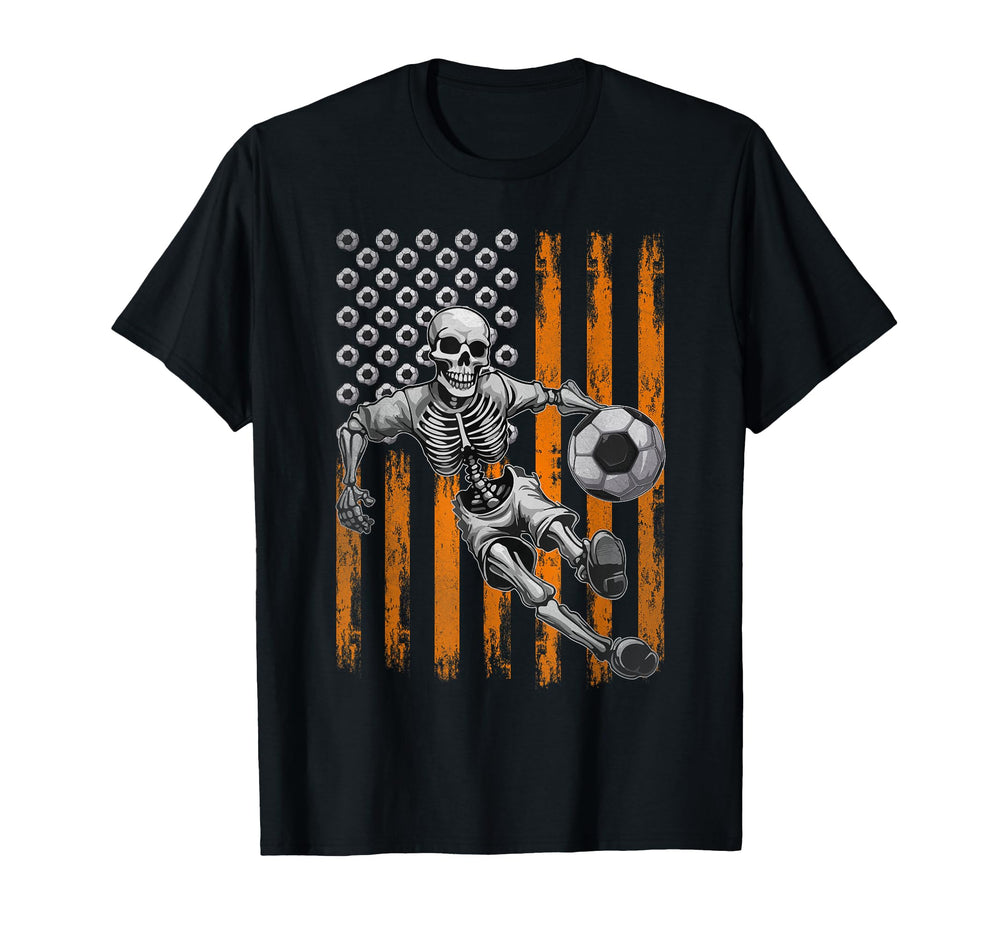 Skeleton Playing Soccer Usa Flag Halloween T-Shirt - Graphic Print Unisex