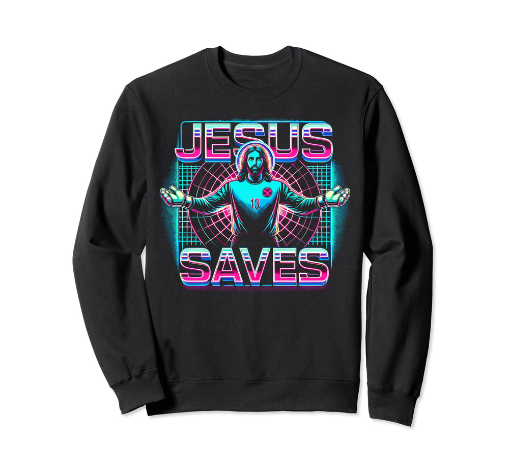 80S Vaporwave Jesus Saves Soccer Sweatshirt - Trendy Graphic for Adults