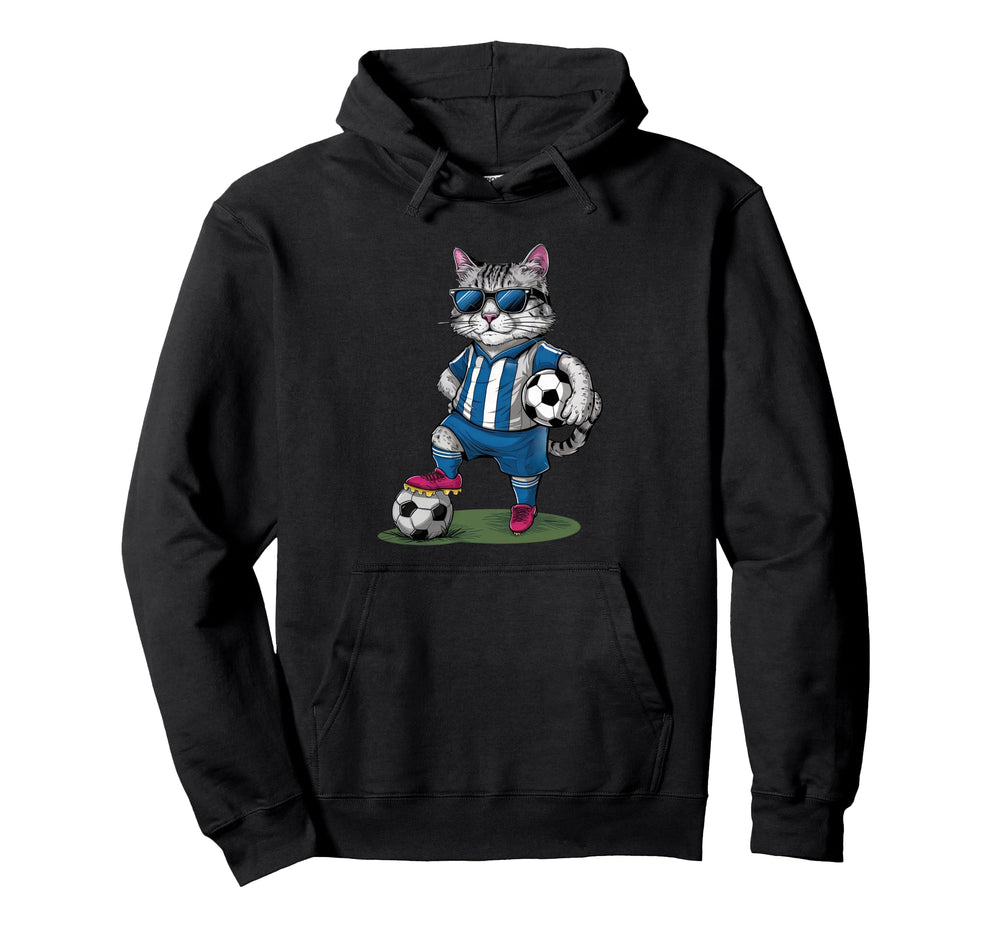 Funny Soccer Cat Cartoon Sports Fan Art Hoodie - Unique Graphic for Adults