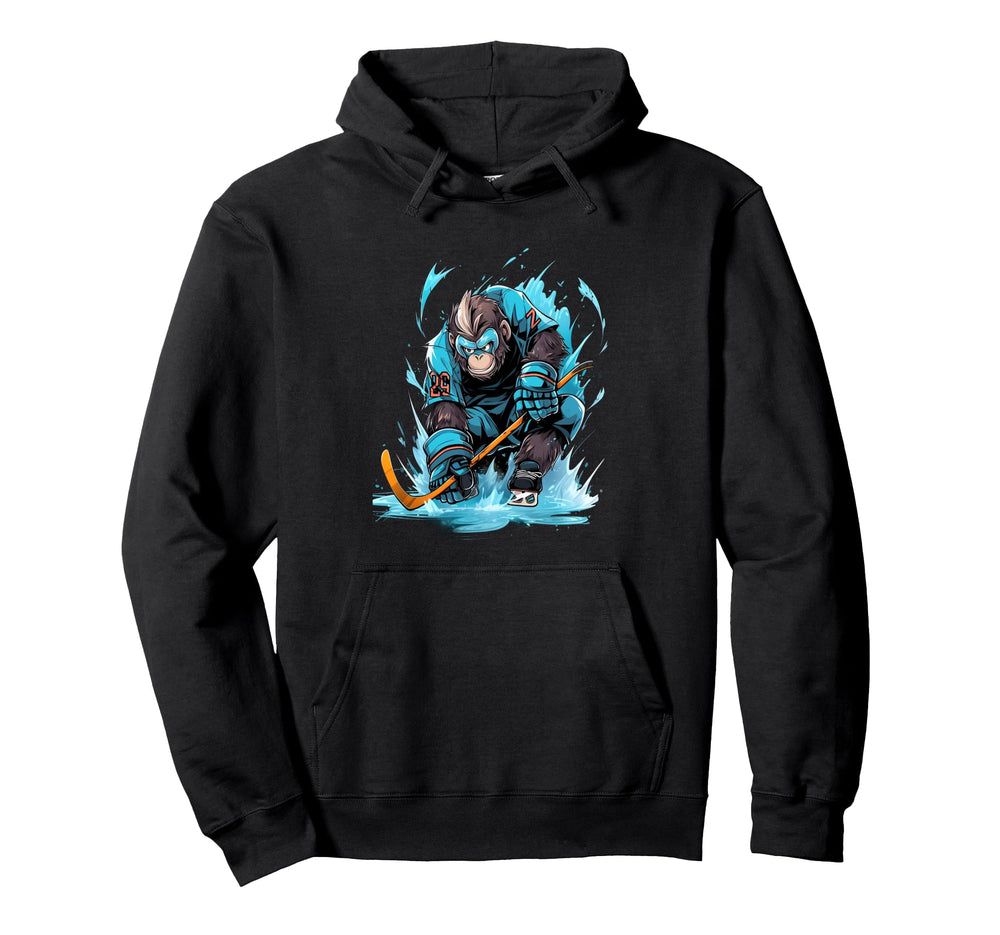 Monkey Ice Hockey Player Hockey Stick Hoodie - Unique Graphic Unisex