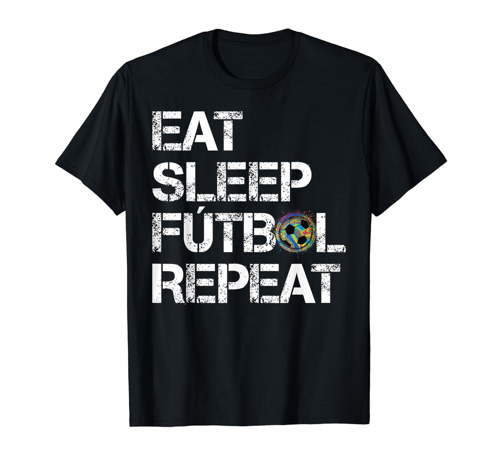 Eat Sleep Futbol Repeat Multi Color T-Shirt - Custom Art Print for Adults
