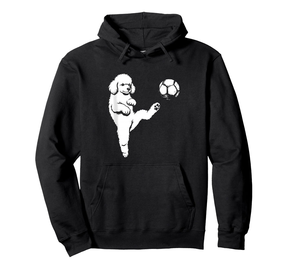 Soccer Poodle Kicking Ball Funny Hoodie - Fun Novelty Design for Adults