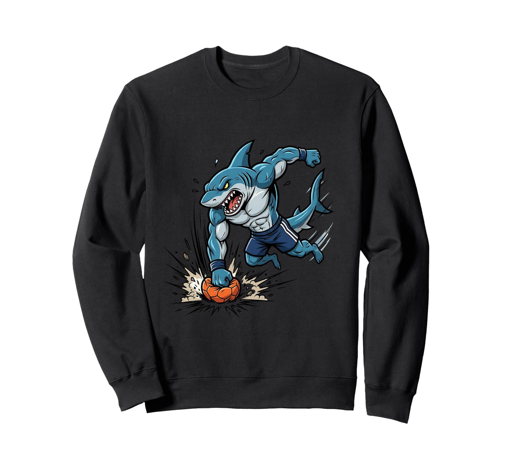 Shark Soccer Striker Cartoon Sweatshirt - Fun Novelty Design for Adults