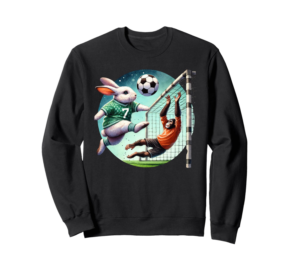 Bunny Kicks Soccer Ball Past Sweatshirt - Streetwear Style for Adults
