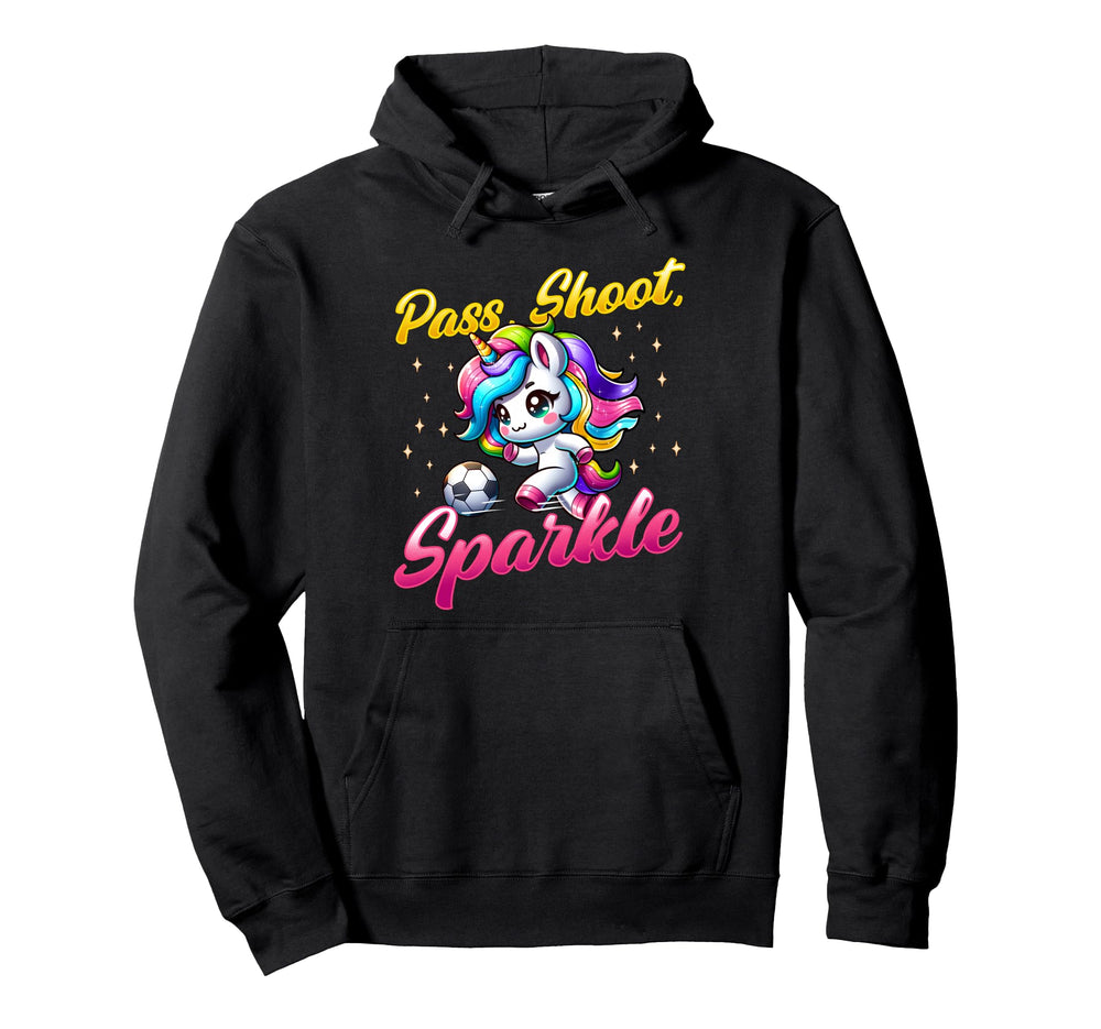 Pass Shoot Sparkle Soccer Player Unicorn Hoodie - Graphic Print Men Women