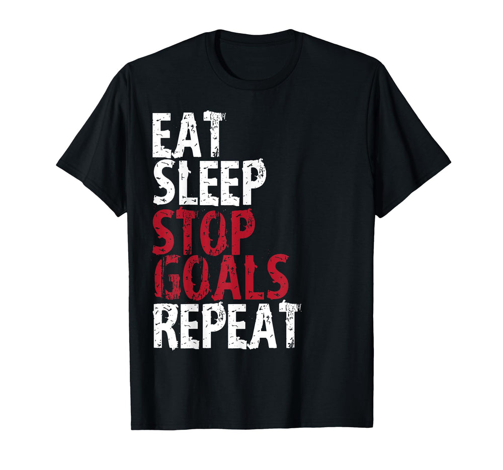 Eat Sleep Stop Goals Repeat Soccer T-Shirt - Minimalist Print for Adults