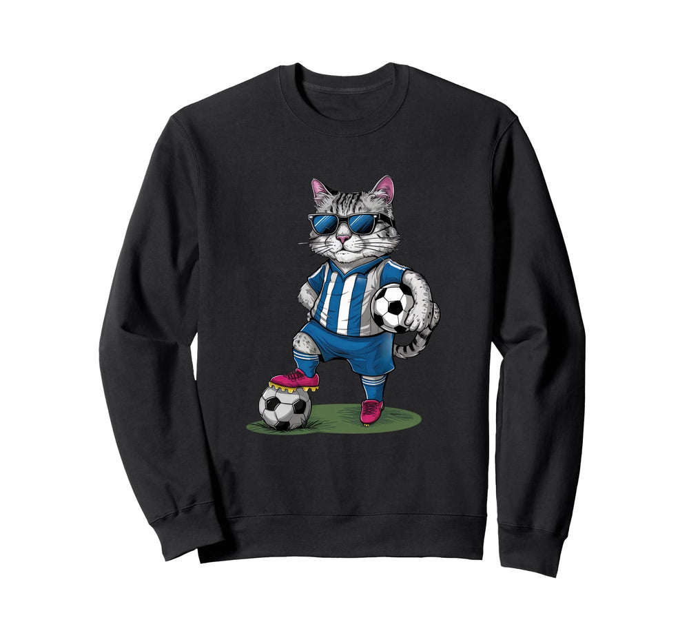 Funny Soccer Cat Cartoon Sports Fan Art Sweatshirt - Novelty Apparel Unisex