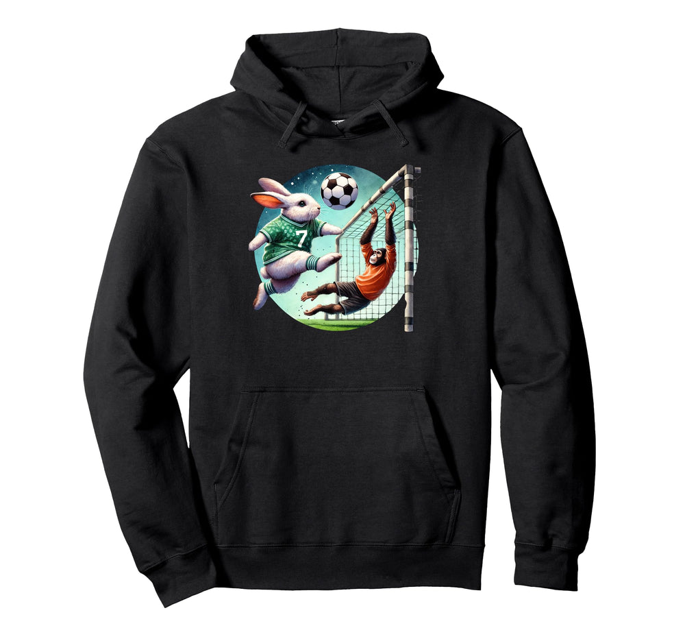 Bunny Kicks Soccer Ball Past Chimp Hoodie - Fun Novelty Design for Adults