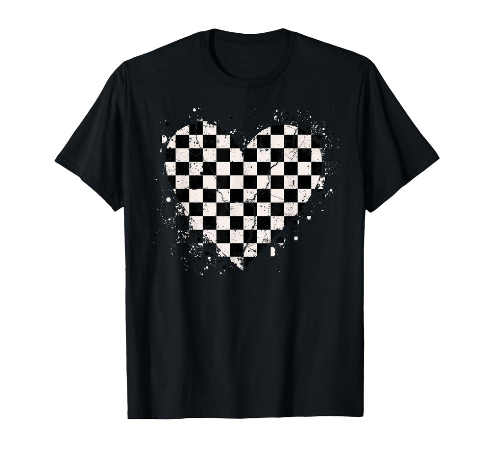 Checkered Love Heart Black White T-Shirt - Novelty Apparel for Adults