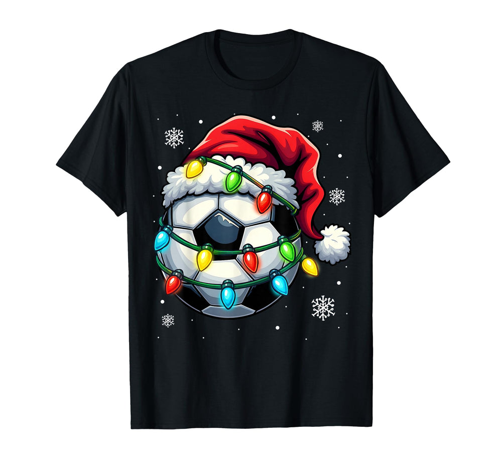 Soccer Ball Santa Hat Lights Funny T-Shirt - Custom Art Print Men Women