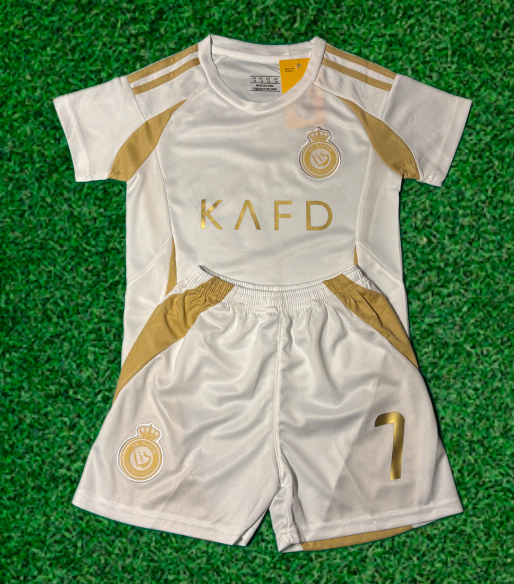 Ronaldo Al Nassr Kids Home Soccer Jersey Kit Youth Toddler Sizes CustomKiddos.com