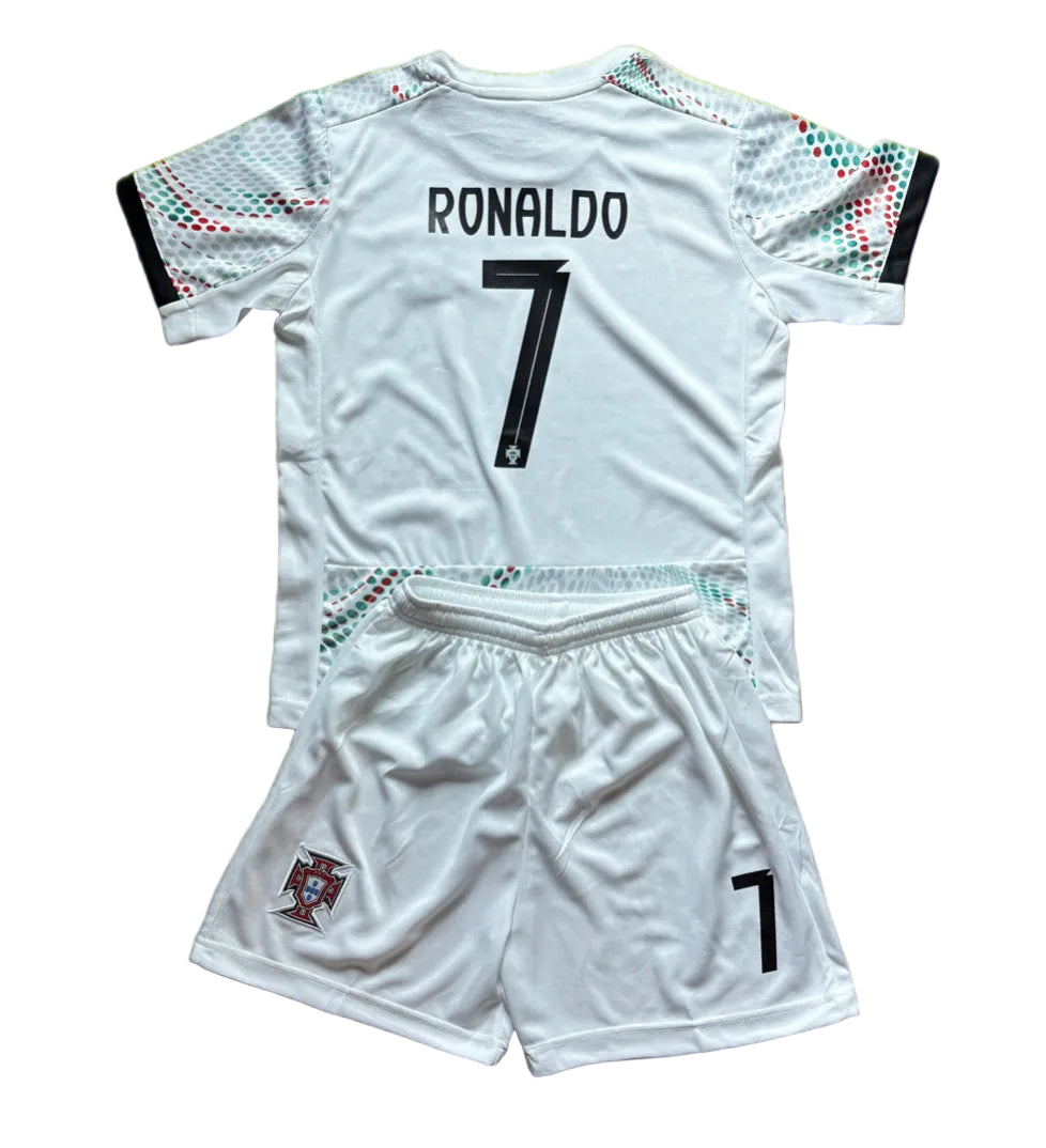 Ronaldo Portugal 2025 Away White Kids Soccer Jersey Kit 2 Piece Set CustomKiddos.com