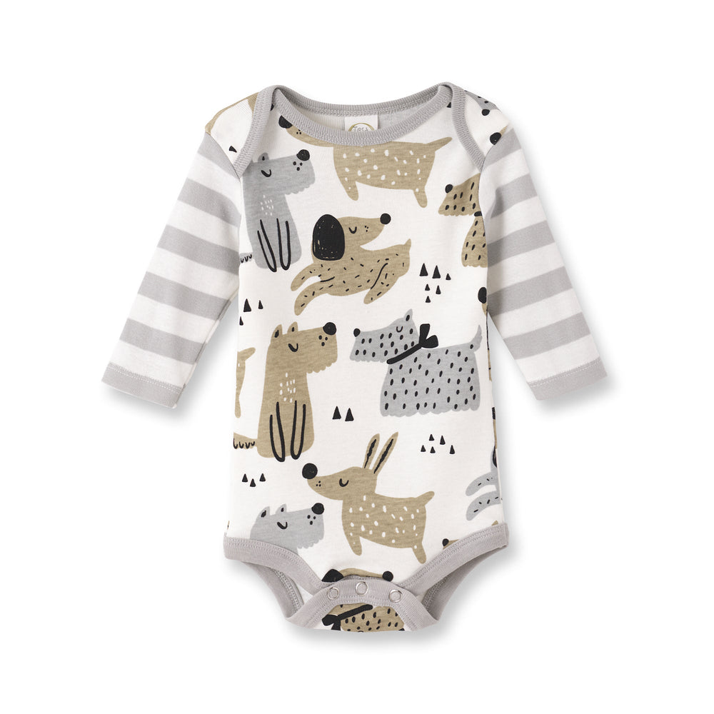 Puppy Dog Print Baby Bodysuit – Cotton Stripe Sleeve Tesa Babe