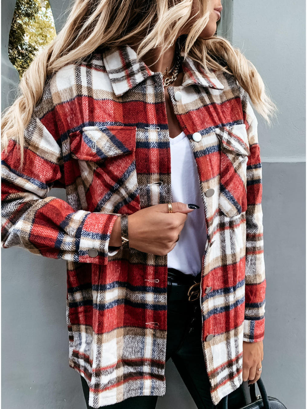 Autumn Long Sleeve Large Pocket Loose Women Plaid Shacket Mid Length Coat