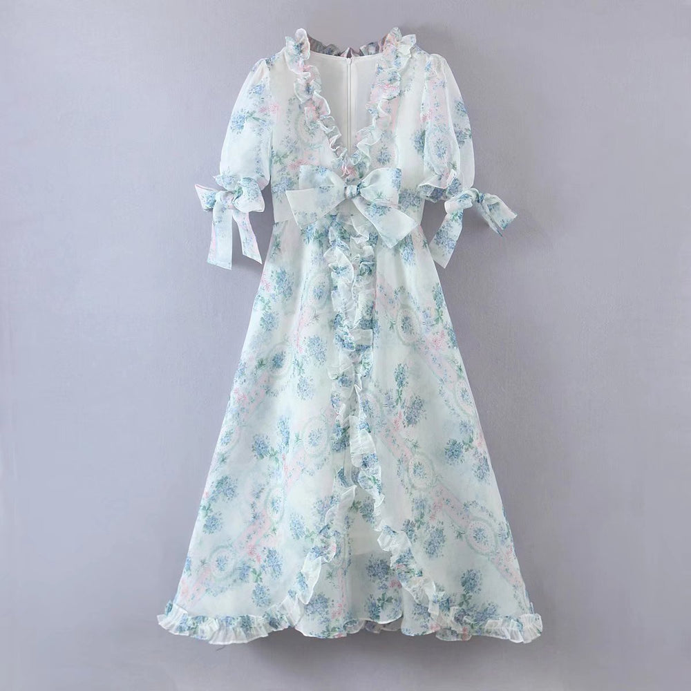 Floral Print Dress Bubble Sleeve Retro Princess Dress Spring Summer Wooden Ear Large Swing Women Dress Sheer