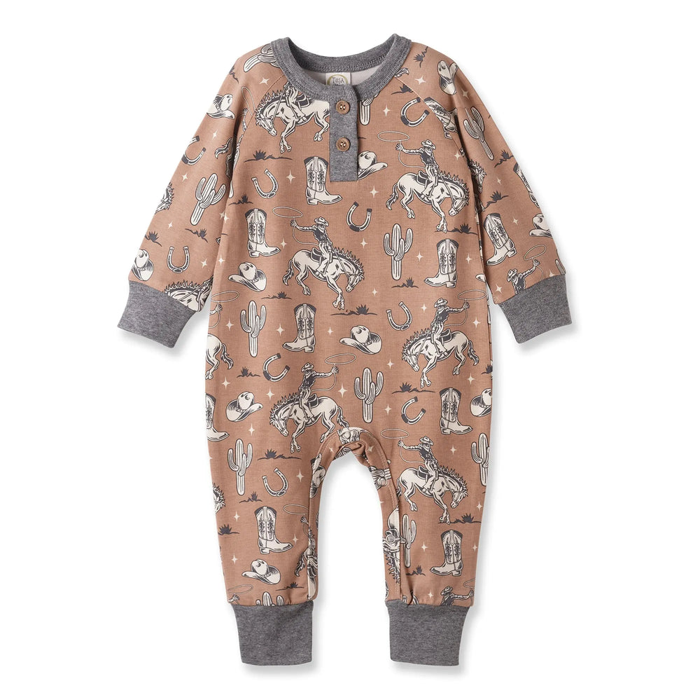 Wild Wrangler/Brown Western Bamboo Henley Romper for Babies Tesa Babe