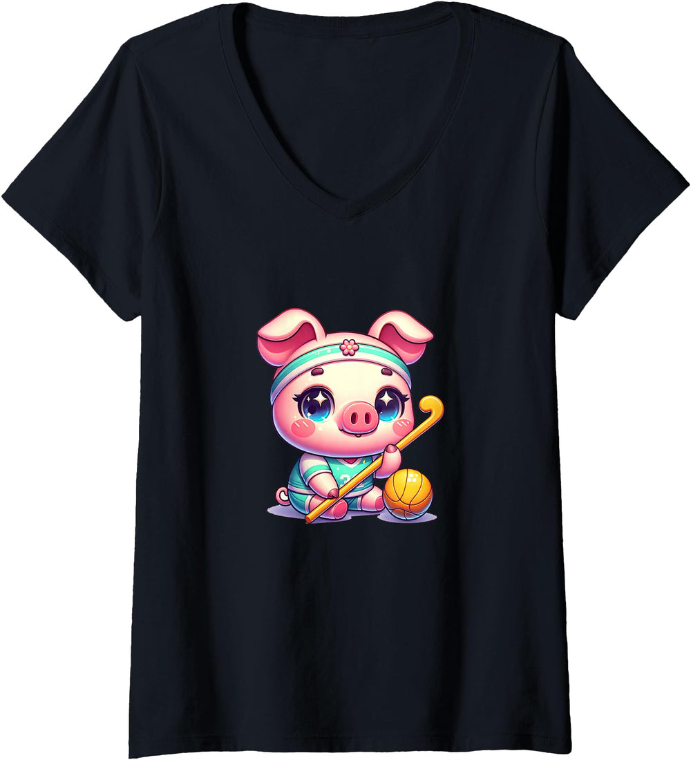 Womens Pig Field Hockey Player Chibi T-Shirt - Novelty Apparel Men Women