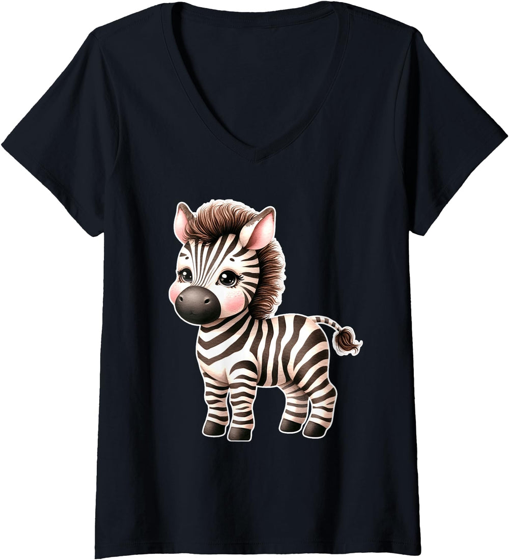 Authentic Womens Zebra Chibi V Neck T-Shirt - Minimalist Print Men Women
