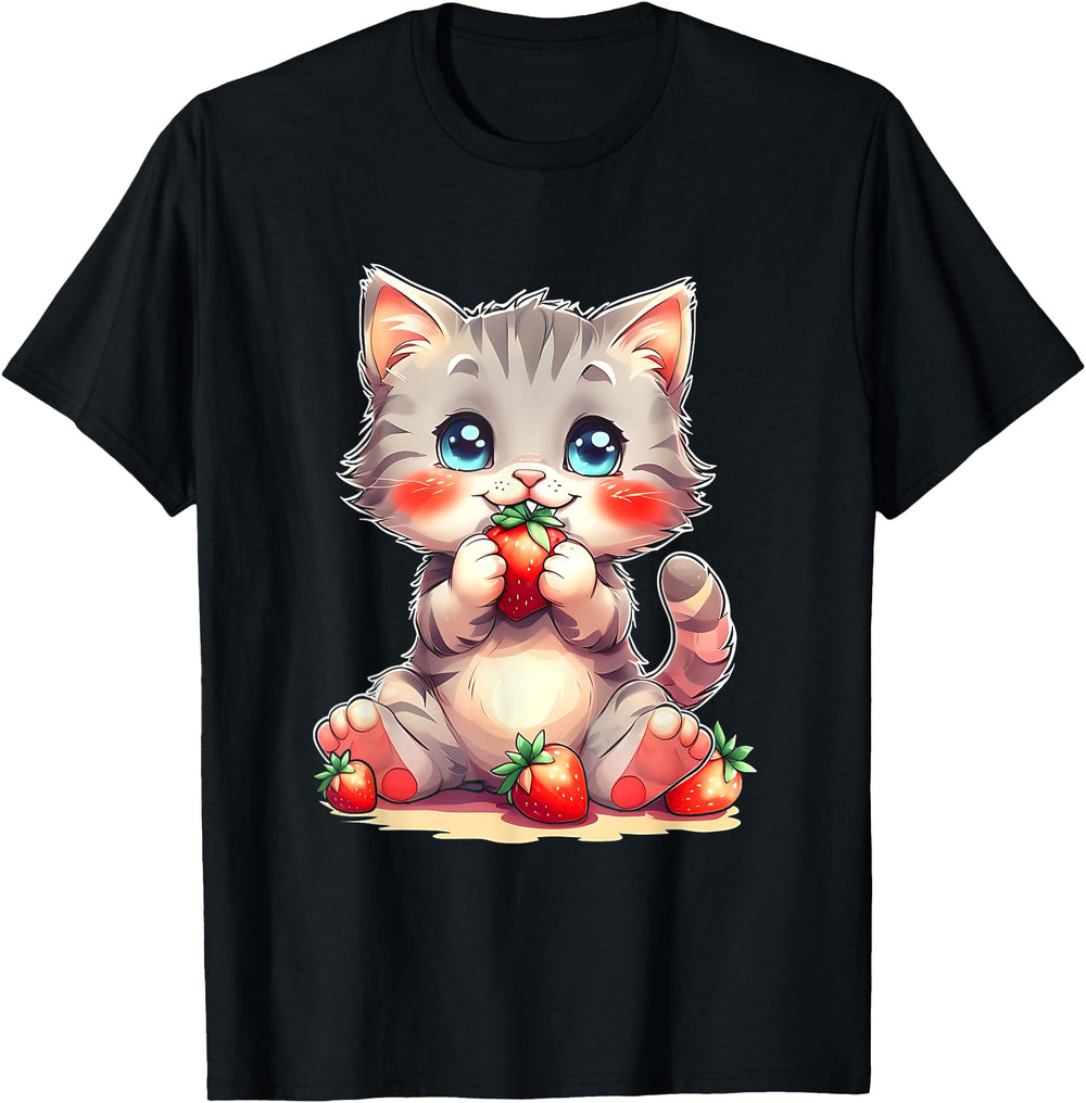 Authentic Kitten Eating Strawberry Chibi Hoodie - Unique Graphic Men Women