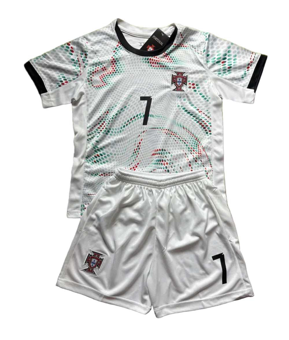 Ronaldo Portugal 2025 Away White Kids Soccer Jersey Kit 2 Piece Set CustomKiddos.com