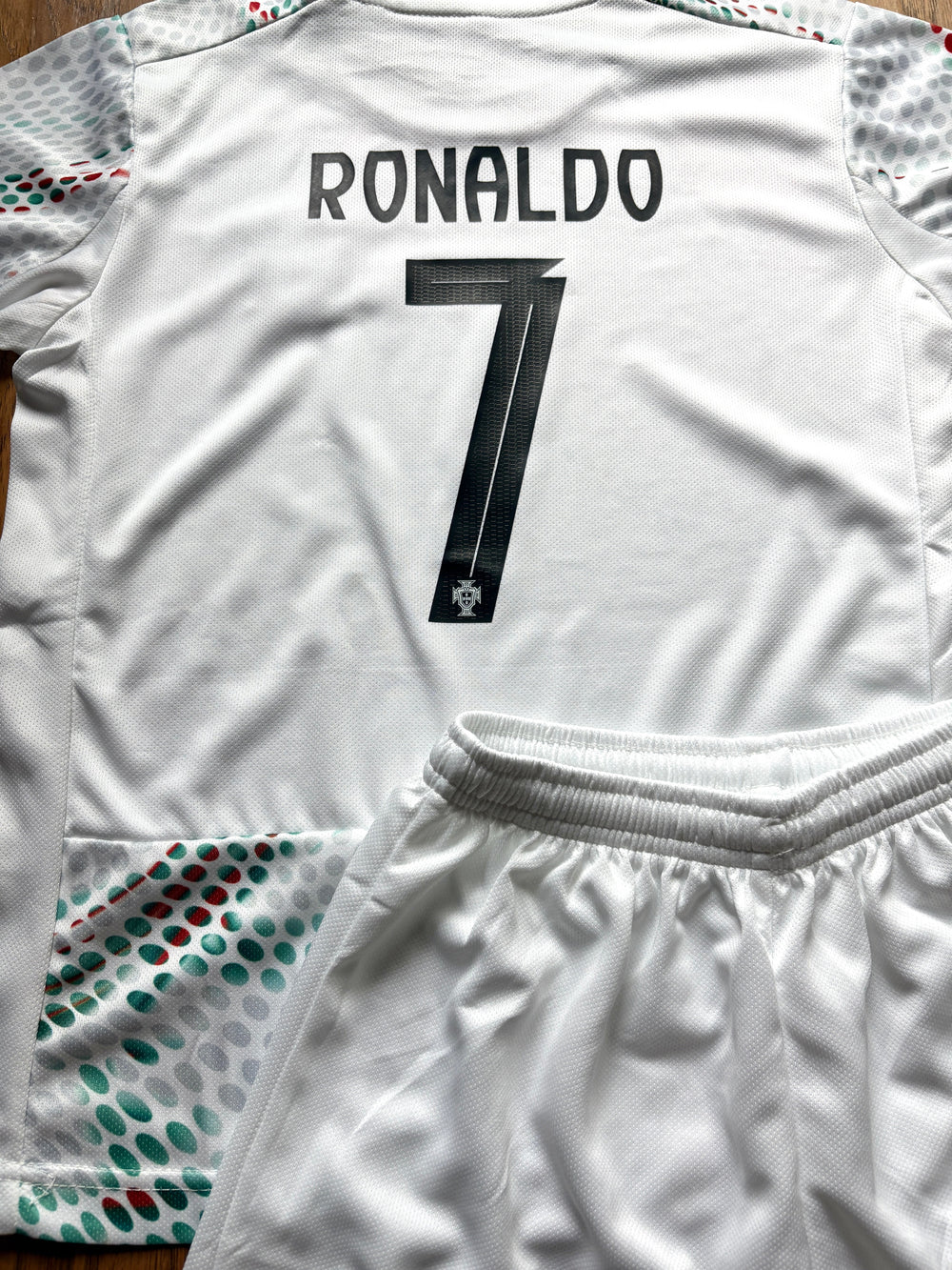 Ronaldo Portugal 2025 Away White Kids Soccer Jersey Kit 2 Piece Set CustomKiddos.com