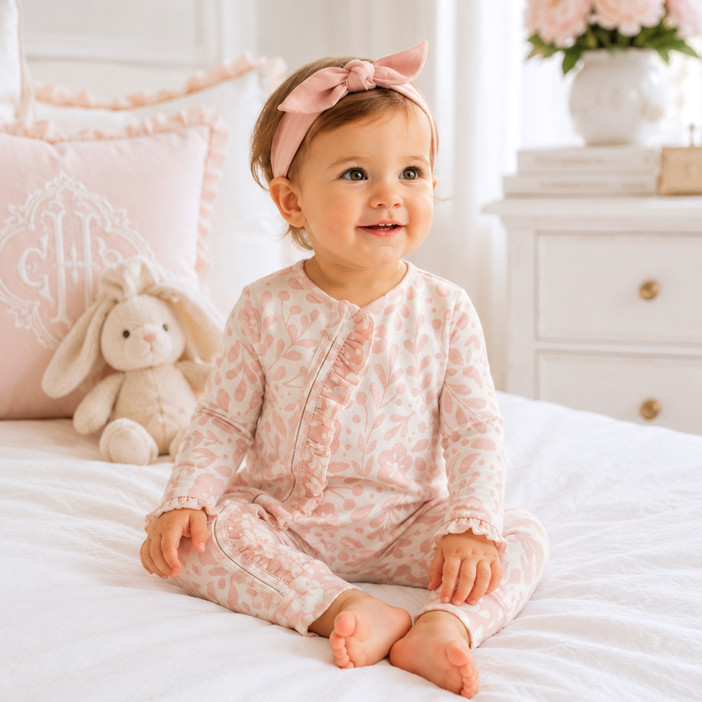Floral Baby Girl Romper – Soft Cotton Zipper Pink One-Piece Tesa Babe